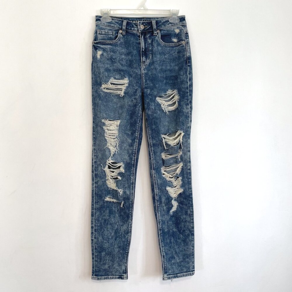 AMERICAN EAGLE AE Stretch Ripped Mom Jean Acid Wash High Waisted Cropped 0 LONG - Picture 3 of 16